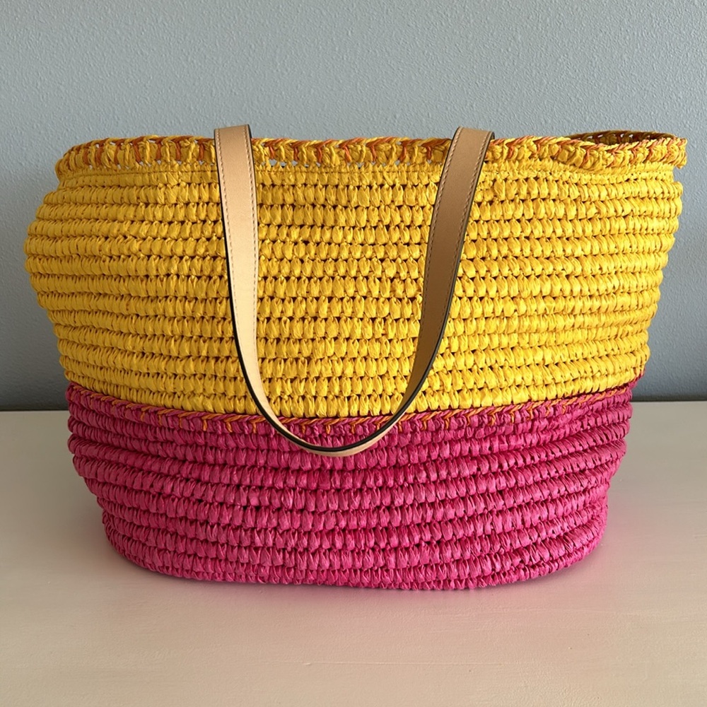 Tory Burch • Pink & Yellow Straw Beach Summer Bag Tote With Tassel - Picture 12 of 16